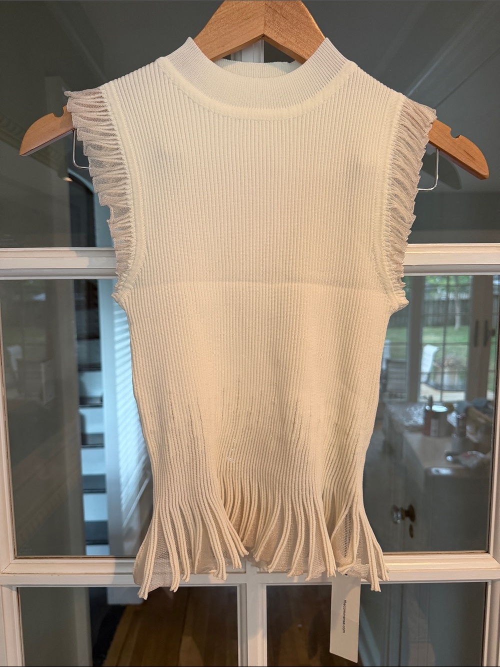Commense Ivory Ribbed Fringe Sleeveless Top